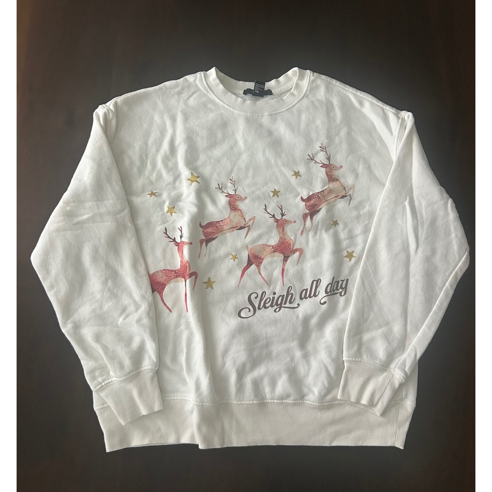 Forever 21 Sleigh All Day Reindeer Christmas Sweatshirt White Small